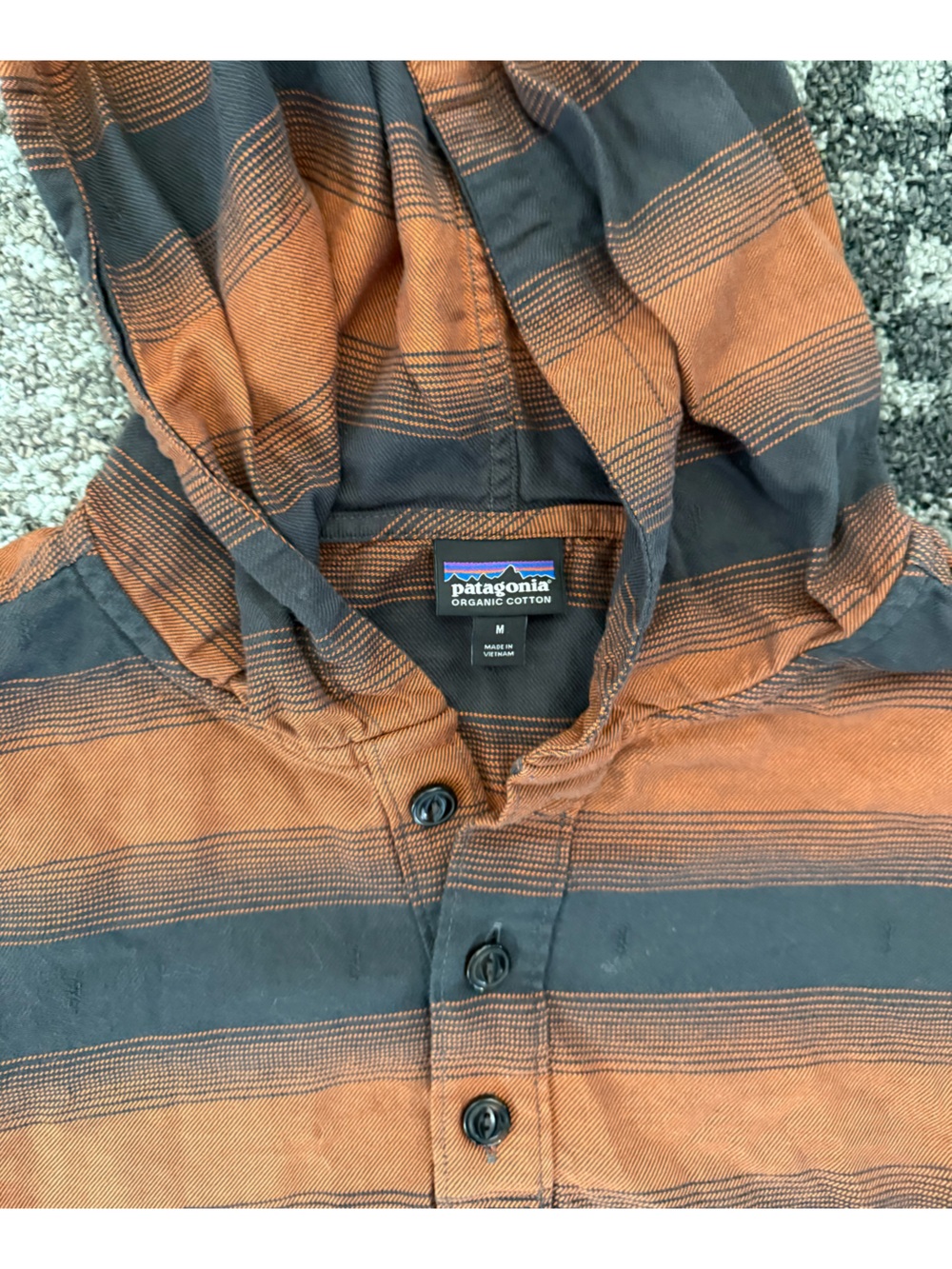 Patagonia Orange and Gray Striped Hooded Long-Sleeve Shirt - Picture 2 of 3